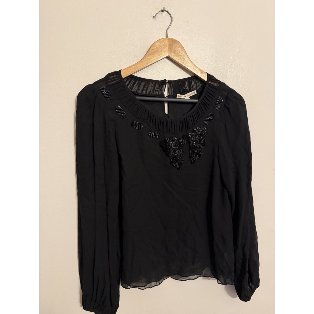 Nanette Lepore Women's Black Silk Blouse Beaded Bow Collar Chiffon Size 4